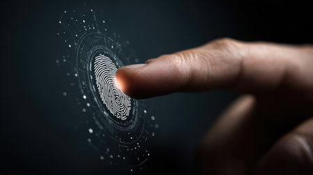 Close-up of fingerprint scanner symbolizing secure digital business accessの素材