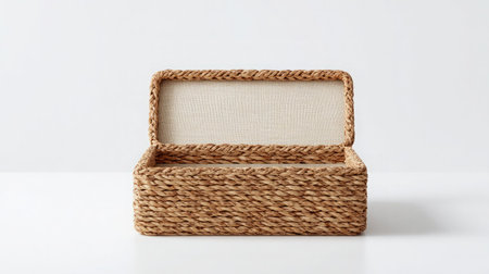 Wicker storage box with fabric liner, placed in center of clean white backgroundの素材