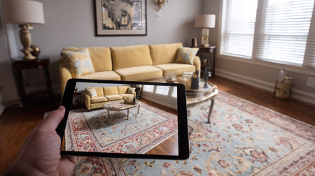 Digital real estate tour in AR showing fully decorated living room on tablet screenの素材