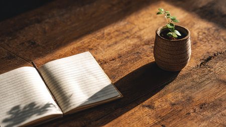 Wooden tabletop with a simple notepad and tiny plant, surrounded by cozy morning light and warm shadowsの素材