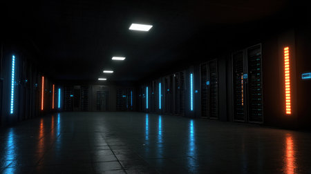 Dark-themed server room interior lit with LED indicators symbolizing data exchangeの素材