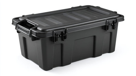 Single black plastic storage tote with built-in handle and grooved lid isolated on whiteの素材