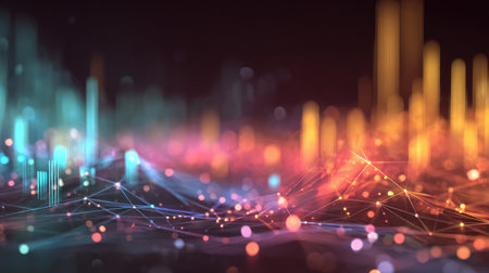 Big data visualization with glowing bar charts and nodes interconnected in spaceの素材