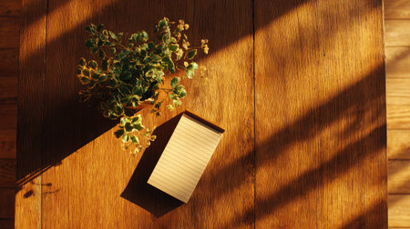 Wooden tabletop with a simple notepad and tiny plant, surrounded by cozy morning light and warm shadowsの素材