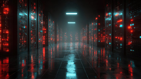 Dark-themed server room interior lit with LED indicators symbolizing data exchangeの素材