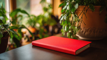 Vibrant plant and journal resting on a modern desktop surface bathed in warm lightの素材