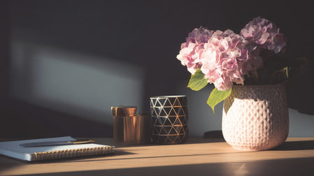 Sleek modern desk layout with notebook and geometric flower pot, warmly illuminated from the sideの素材