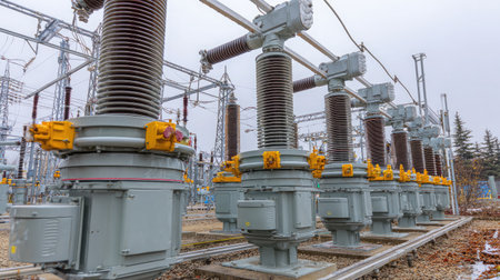 Ground-level view of insulated high-voltage transformers at a power plantの素材