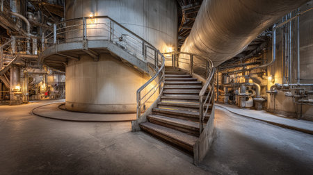 Steel staircases and industrial piping surrounding the reactor core area in a power plantの素材