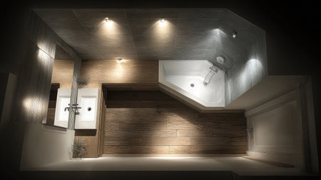 Corner bathroom layout with wall sink, inset tub, and soft lighting from aboveの素材