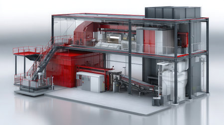 Inside view of a biomass power plant with conveyor and furnace technologyの素材