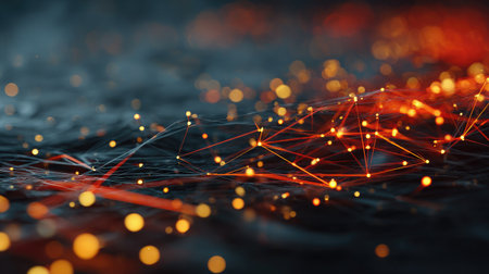 Machine learning neural network diagram rendered in D with glowing connection pointsの素材