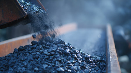 Mid-action frame of coal tumbling off conveyor onto mound with airborne dust and debrisの素材