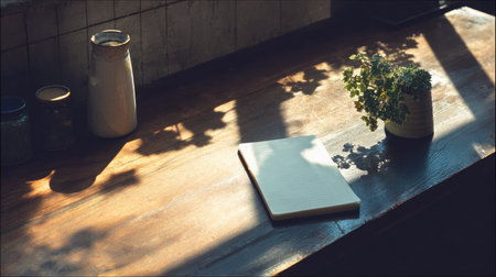Wooden tabletop with a simple notepad and tiny plant, surrounded by cozy morning light and warm shadowsの素材