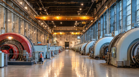 Turbine generators in a thermal power station surrounded by insulated pipes and steel structuresの素材