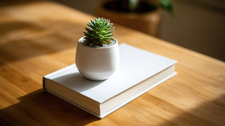 Minimalist workspace featuring a closed notebook and a tiny succulent in a white ceramic pot, illuminated by warm afternoon lightの素材