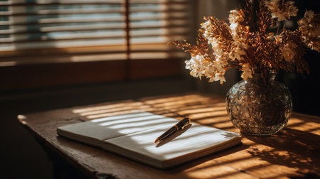 Notebook with pen next to a flowering plant on simple table, sunlight streaming through blindsの素材