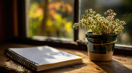 Open grid notebook beside a tiny potted flower in daylight from nearby glass windowの素材