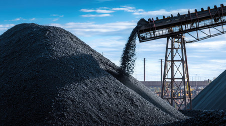Close-up of conveyor belt spilling coal onto a massive black pile, set against blue sky and steel supportsの素材