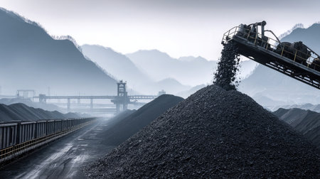 Long conveyor arm extends diagonally across frame, releasing coal onto black mountain of fuelの素材