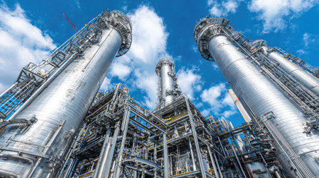 Steel distillation columns against cloudy sky in modern plant processing oil-derived chemicalsの素材