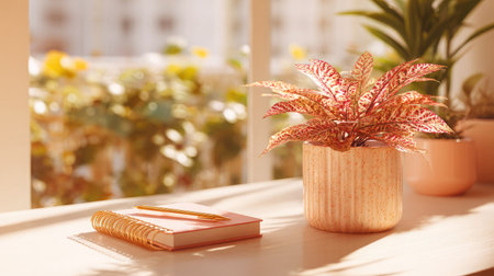 Vibrant plant and journal resting on a modern desktop surface bathed in warm lightの素材