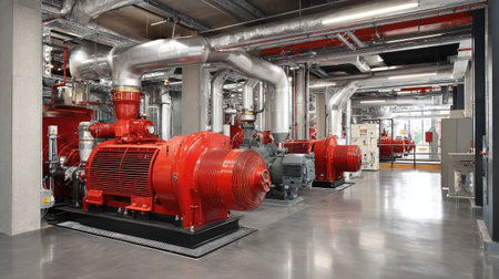 Interior of generator room with rotating machinery and high-pressure componentsの素材