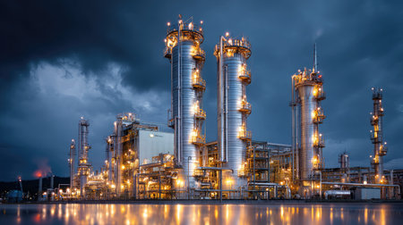 Gleaming metal distillation columns under dramatic evening sky refining oil into various componentsの素材