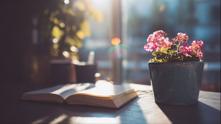 Open journal and a blooming flower pot on a tidy desk, surrounded by soft lens flare from backlightの素材