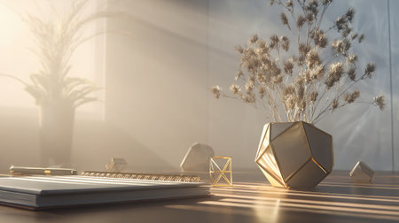 Sleek modern desk layout with notebook and geometric flower pot, warmly illuminated from the sideの素材