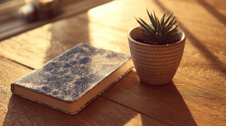 Natural wood desk with a floral-patterned notebook and tiny aloe vera plant under golden natural lightの素材