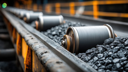 Machinery detail of conveyor rollers and coal dropping onto growing pile in close-up shotの素材