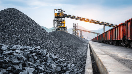 Expansive outdoor coal yard with mechanical conveyor transporting black chunks onto large pileの素材