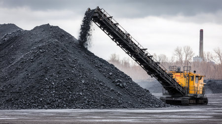 Heavy conveyor machinery releasing freshly mined coal onto ground-level stockpileの素材