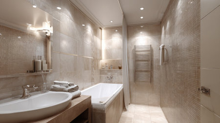 Modern compact bathroom featuring a sleek sink and built-in bathtub with space-saving shelves and neutral tonesの素材