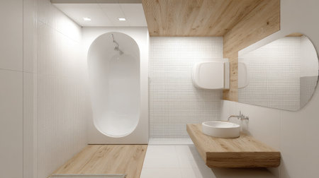Small bathroom interior with a narrow soaking tub and modern sink unit tucked into the cornerの素材