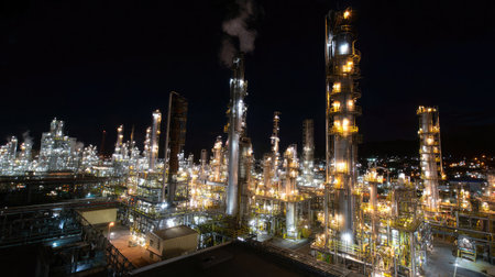 Nighttime illumination of refinery columns highlighting continuous distillation processの素材