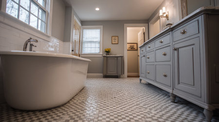 White and grey bathroom showing sleek tub, compact sink and efficient cabinetryの素材