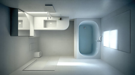 Minimalist small bathroom with floating sink and corner bathtub, optimized layout for tight urban spacesの素材
