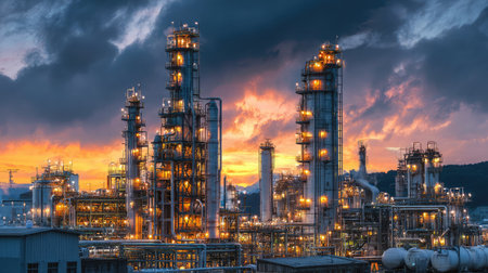 Golden hour lighting illuminates distillation towers actively refining chemical compounds from oilの素材