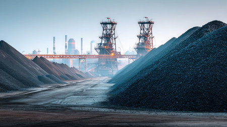 Black coal heap builds as conveyor dumps material continuously in open-pit mining facilityの素材
