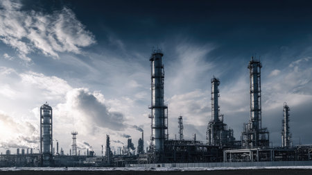 Long-range shot of oil refinery with multiple distillation towers operating in synchronized rhythmの素材