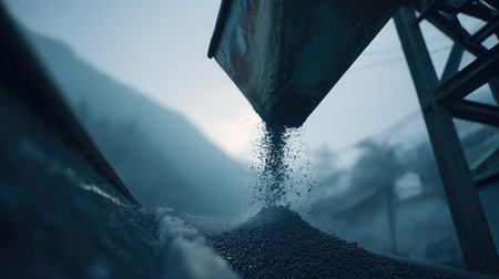 Dusty coal chute from moving conveyor pours material in industrial mining landscapeの素材