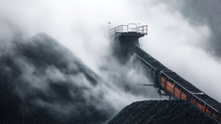 Long conveyor arm bends downward, dropping coal into heap with minimal dust cloudの素材