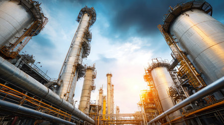 Side angle of distillation towers interconnected by scaffolding and fluid control systemsの素材