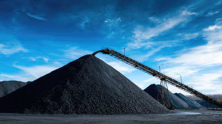 Conveyor framework moving coal onto pyramid-shaped mound under bright sunlight and blue skiesの素材
