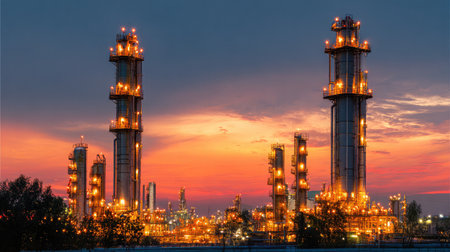 Golden hour lighting illuminates distillation towers actively refining chemical compounds from oilの素材
