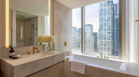 Urban-style bathroom space with rectangular tub, hanging mirror, and floating vanityの素材