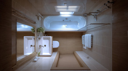 Smart small bathroom with integrated tub-shower combo and sleek wall-mounted sinkの素材