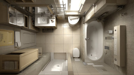 White compact bathroom with wall-mounted sink, narrow tub, and efficient layout under soft lightingの素材